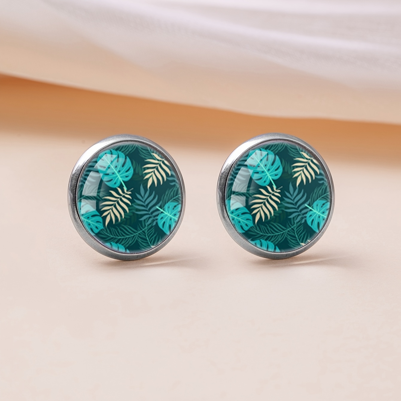 Dark Green Palm Turtle Leaf Pattern Round Ear Studs for Men